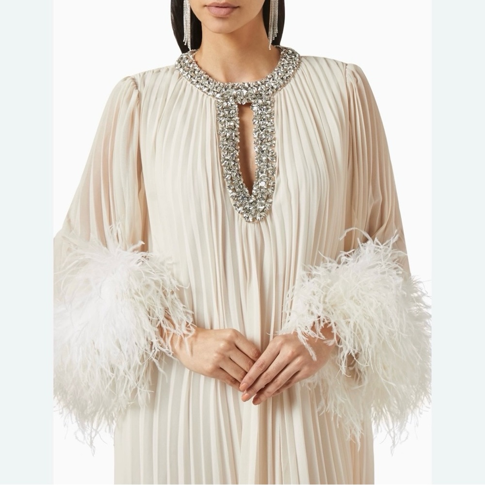 Self Portrait Cream Chiffon Feather Midi Dress